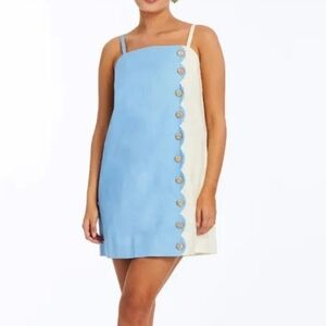 Mestiza NY Elegant Scaloped Blue and Cream Buttoned Mini Dress  Cotton- Linen 4